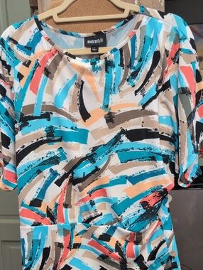 metrostyle Turquoise Coral Abstract Brushstroke Blouse